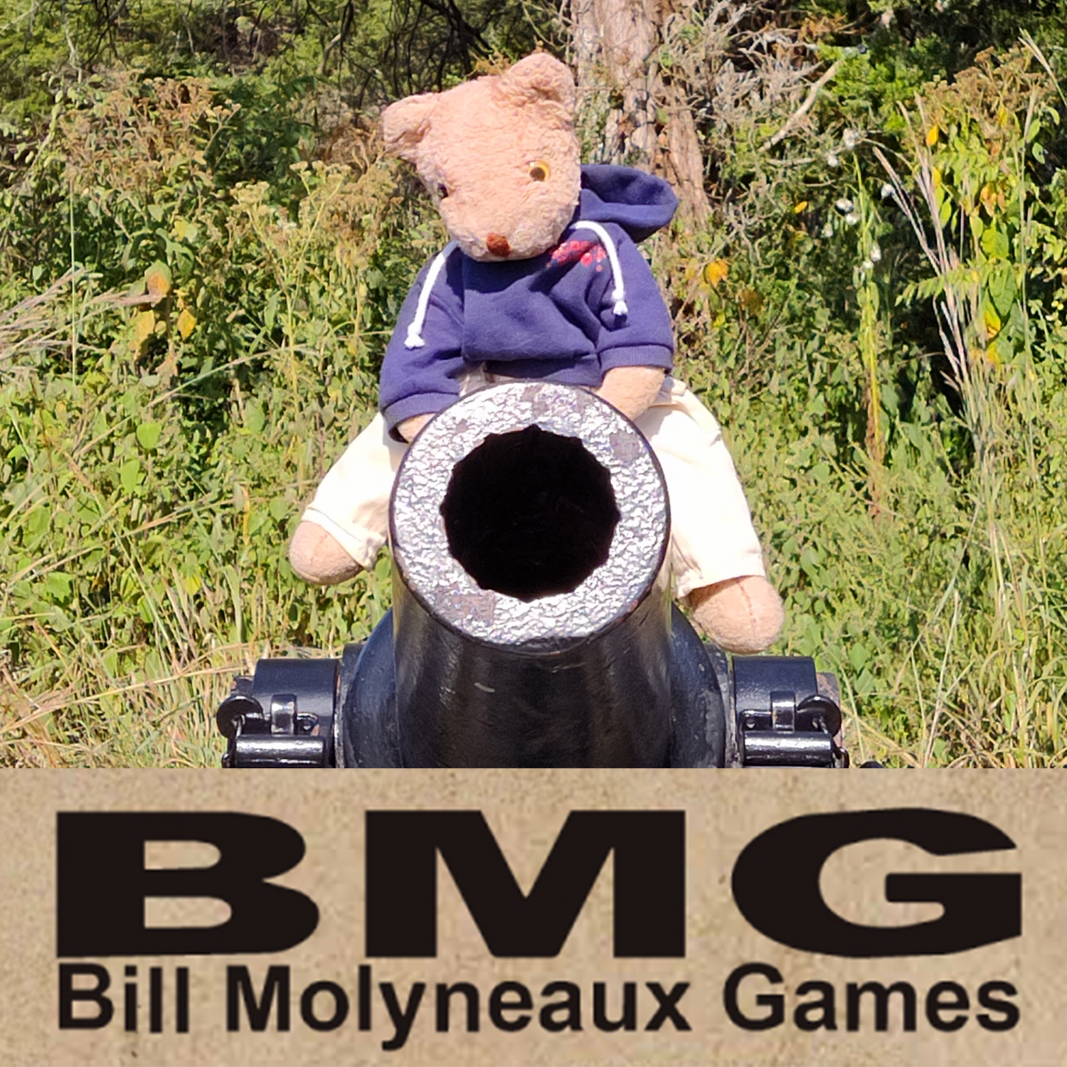A stuffed bear sits on a black cannon. Below the bear, text reads "BMG - Bill Molyneaux Games."