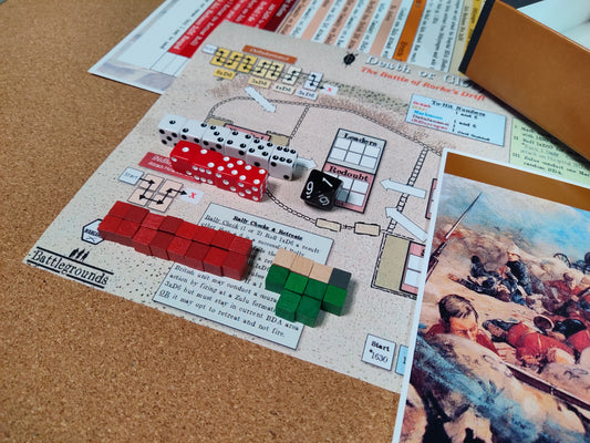 Board game components on a cork board with a rulebook of men fighting in a classic painting.