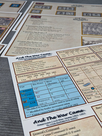 A close-up of a printed historical game sheet titled 'And The War Came' with tables, unit information, and game rules, laid over other matching printed sheets.