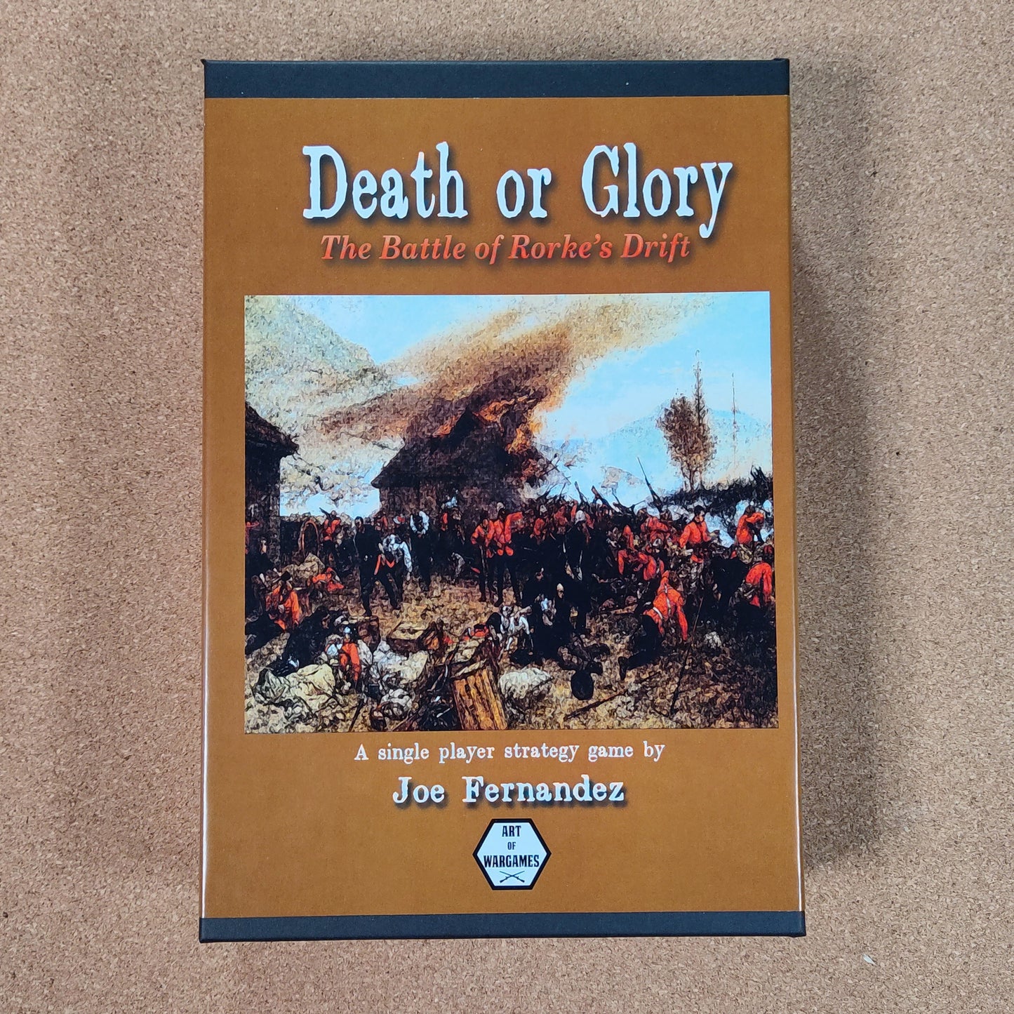 Game titled 'Death or Glory: The Battle of Rorke's Drift' by Joe Fernandez on a beige background.