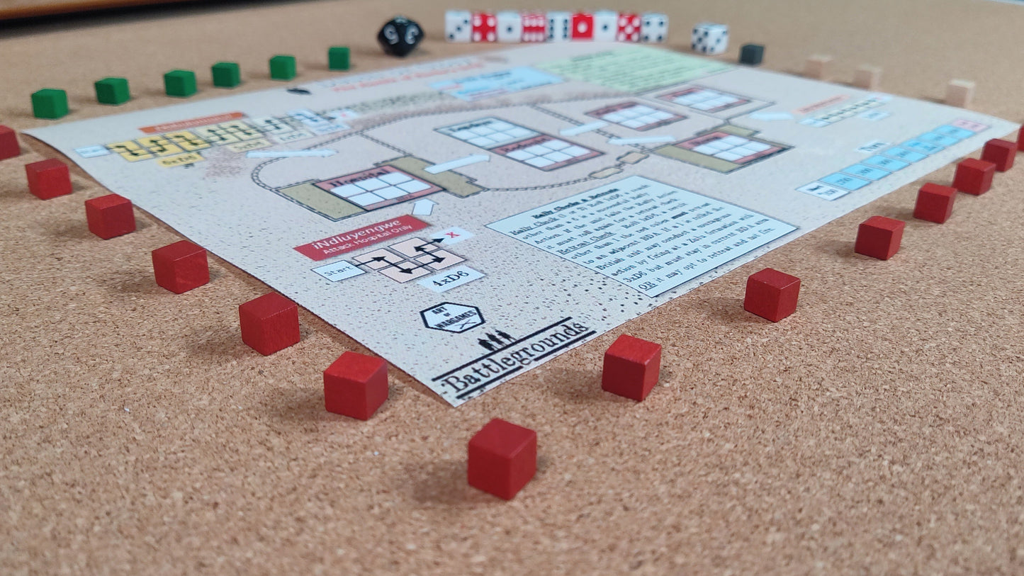 Board game setup with red cubes on a cork board