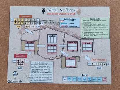 Game map or board with text and graphics on a brown surface