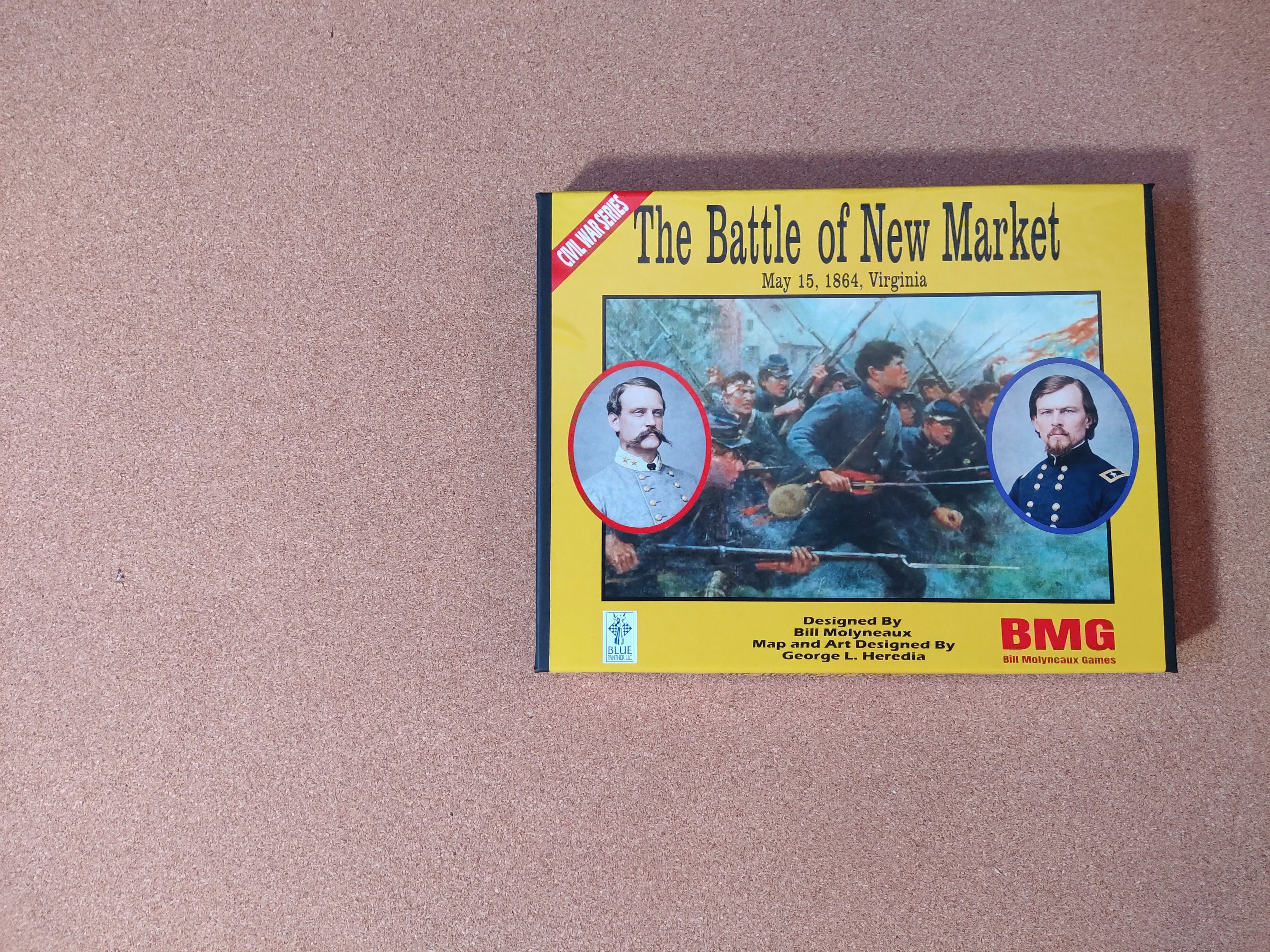 Board game box for 'The Battle of New Market' by BMG on a beige surface